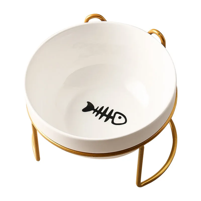 Ceramic cat bowl with iron frame stand in cat footprints pattern