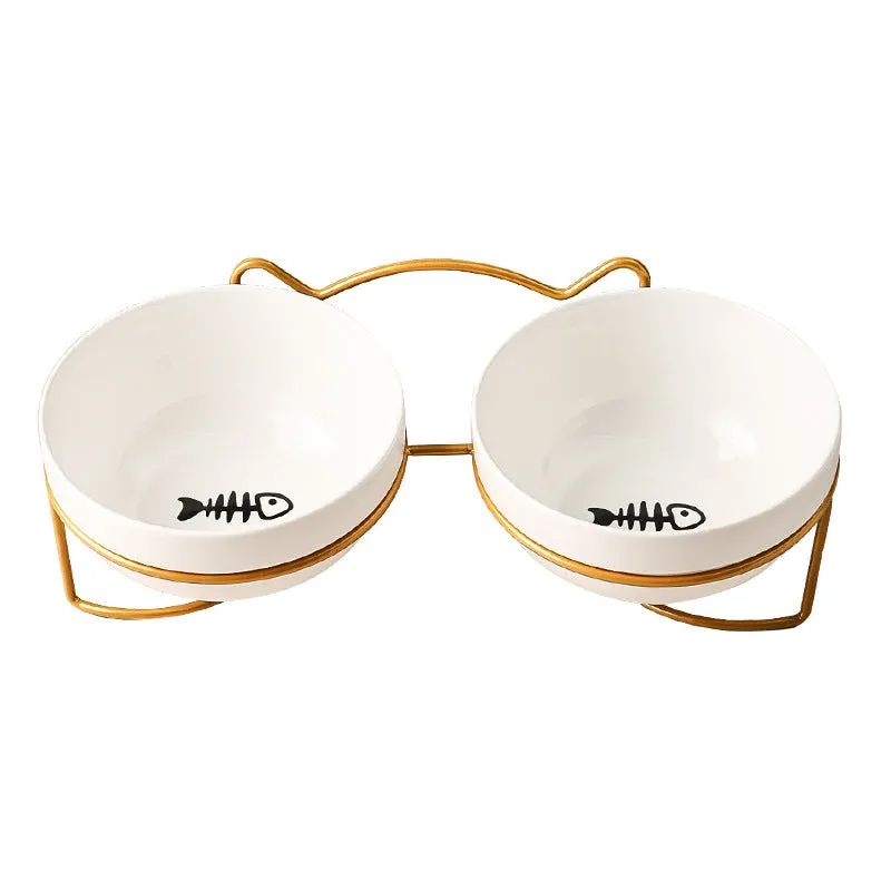 Ceramic cat bowl with iron frame stand in cat footprints pattern