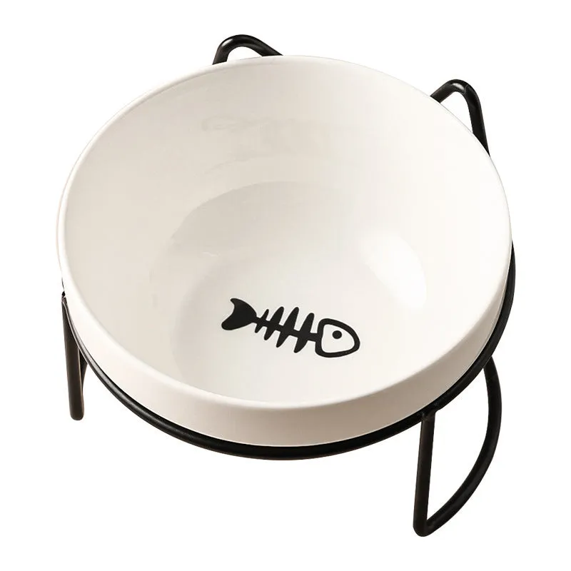 Ceramic cat bowl with iron frame stand in cat footprints pattern