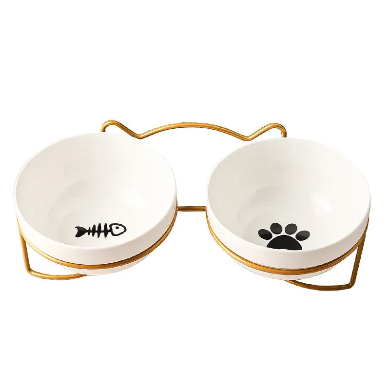 Ceramic cat bowl with iron frame stand in cat footprints pattern