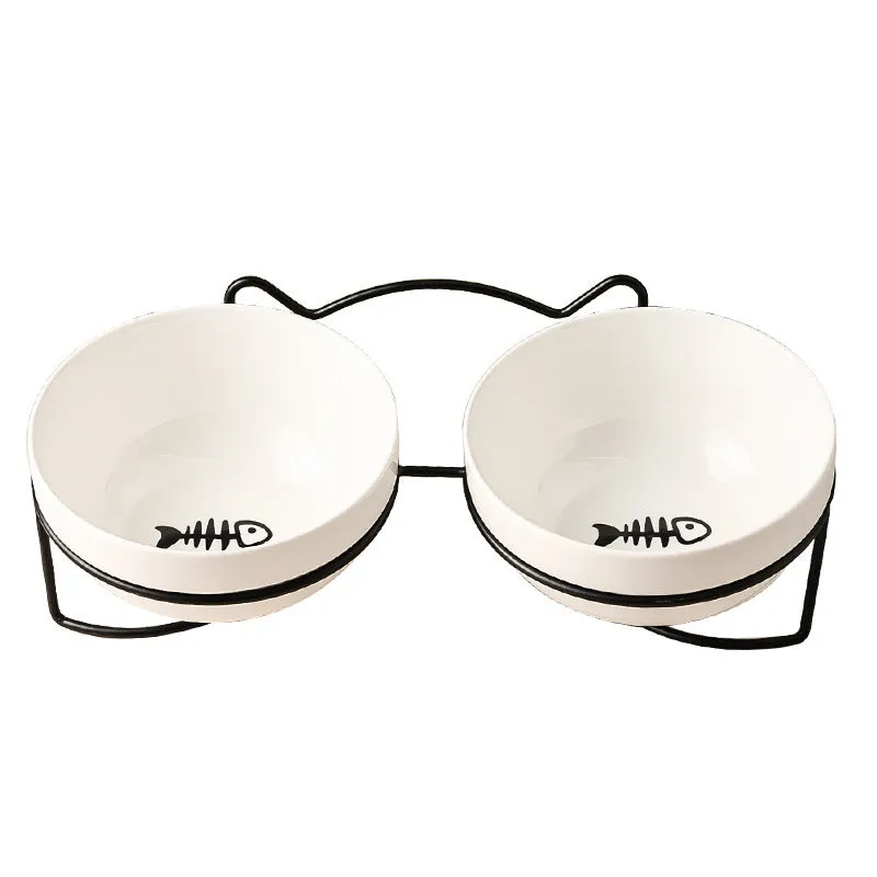 Ceramic cat bowl with iron frame stand in cat footprints pattern