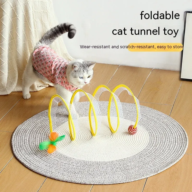 Folded cat tunnel S type in striped pattern with mouse and feather attachments on each end