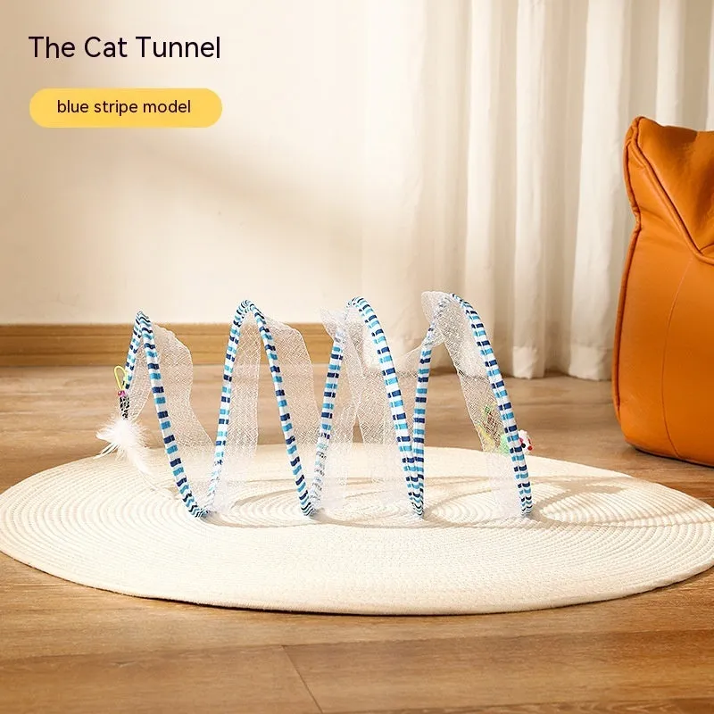 Folded cat tunnel S type in striped pattern with mouse and feather attachments on each end