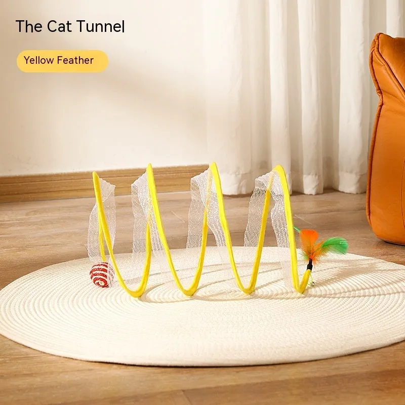 Folded cat tunnel S type in striped pattern with mouse and feather attachments on each end