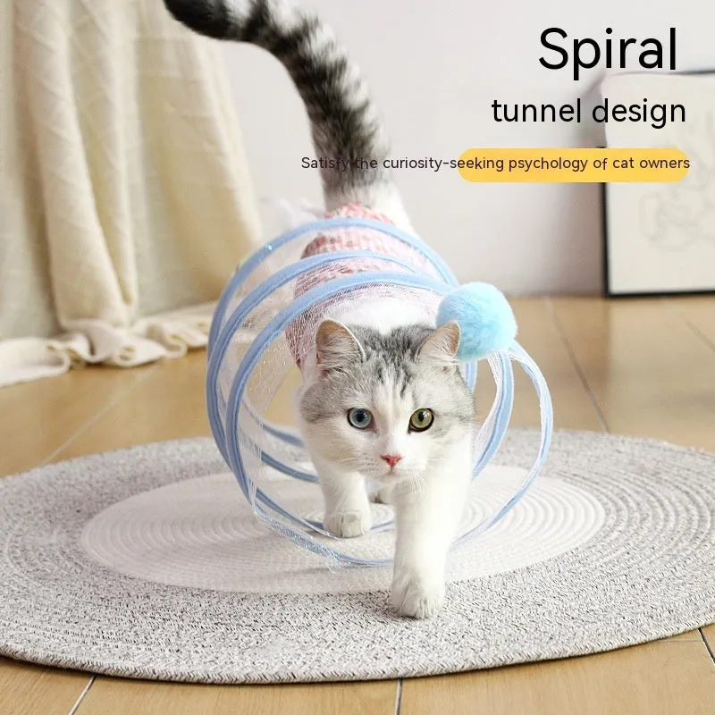 Folded cat tunnel S type in striped pattern with mouse and feather attachments on each end