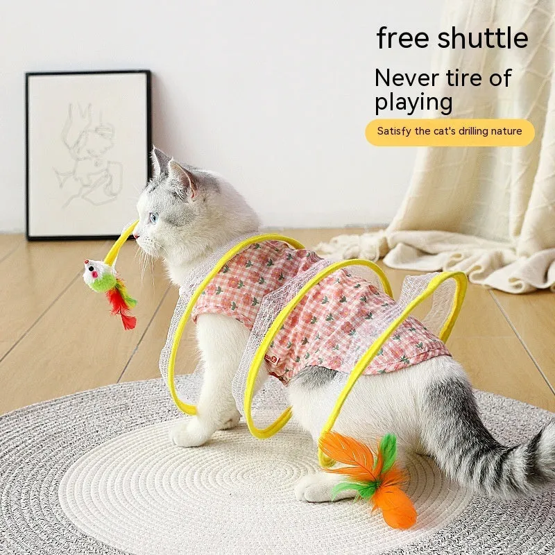 Folded cat tunnel S type in striped pattern with mouse and feather attachments on each end