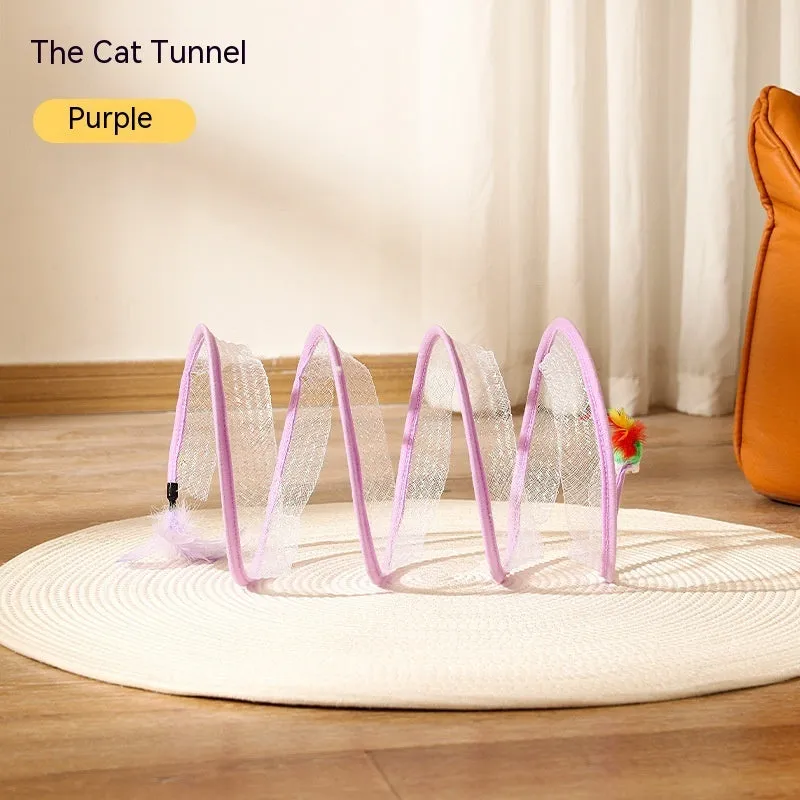 Folded cat tunnel S type in striped pattern with mouse and feather attachments on each end