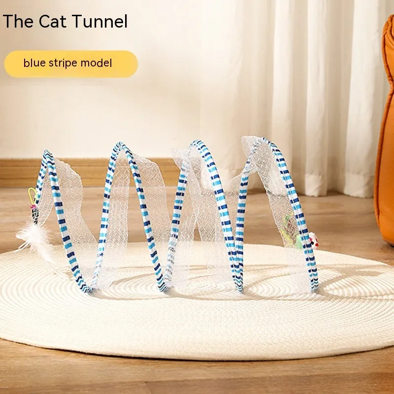 Folded cat tunnel S type in striped pattern with mouse and feather attachments on each end