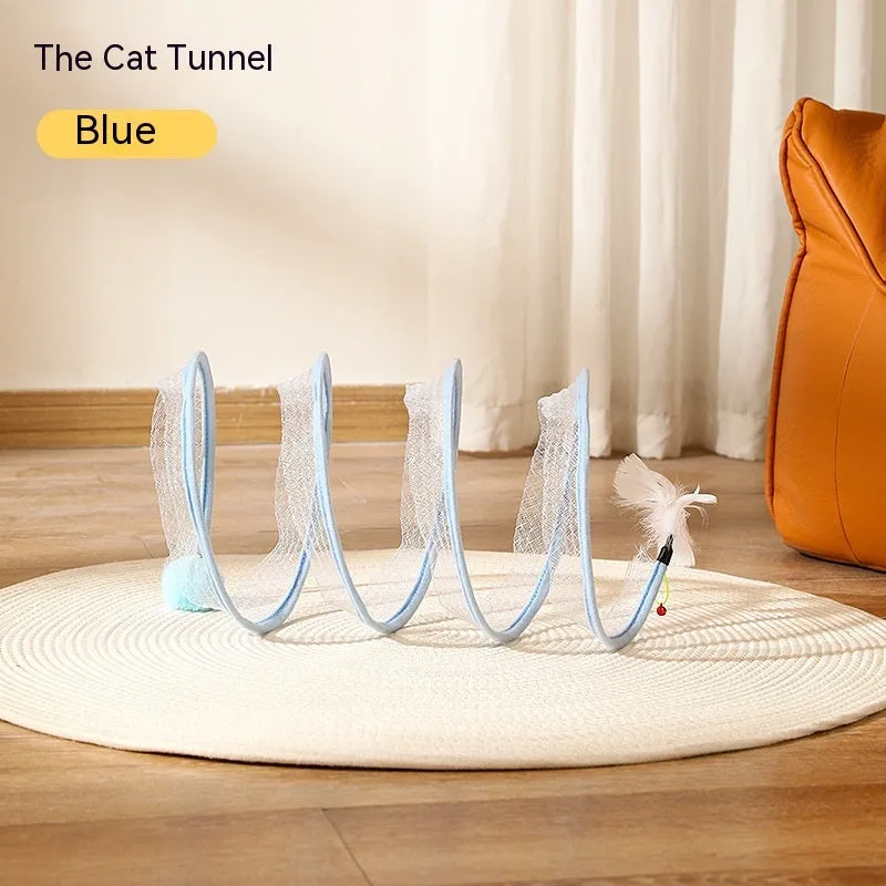 Folded cat tunnel S type in striped pattern with mouse and feather attachments on each end
