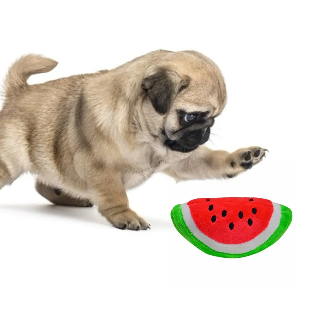 Gooddog plush fruit dog toys with squeaker, including banana and chicken leg shapes, on a white background
