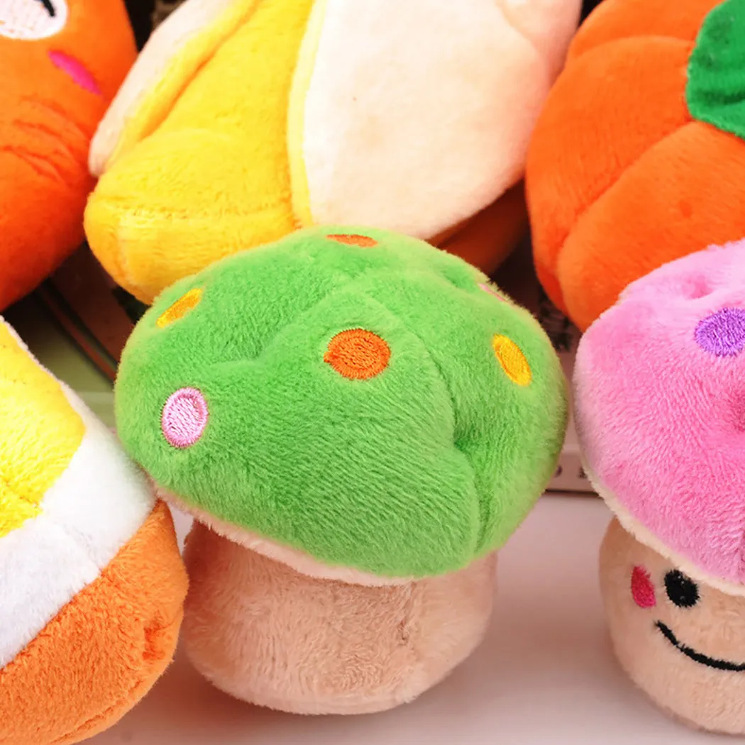 Gooddog plush fruit dog toys with squeaker, including banana and chicken leg shapes, on a white background