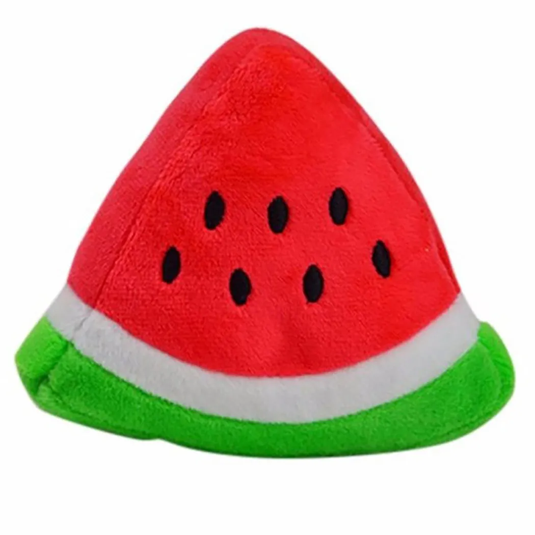 Gooddog plush fruit dog toys with squeaker, including banana and chicken leg shapes, on a white background