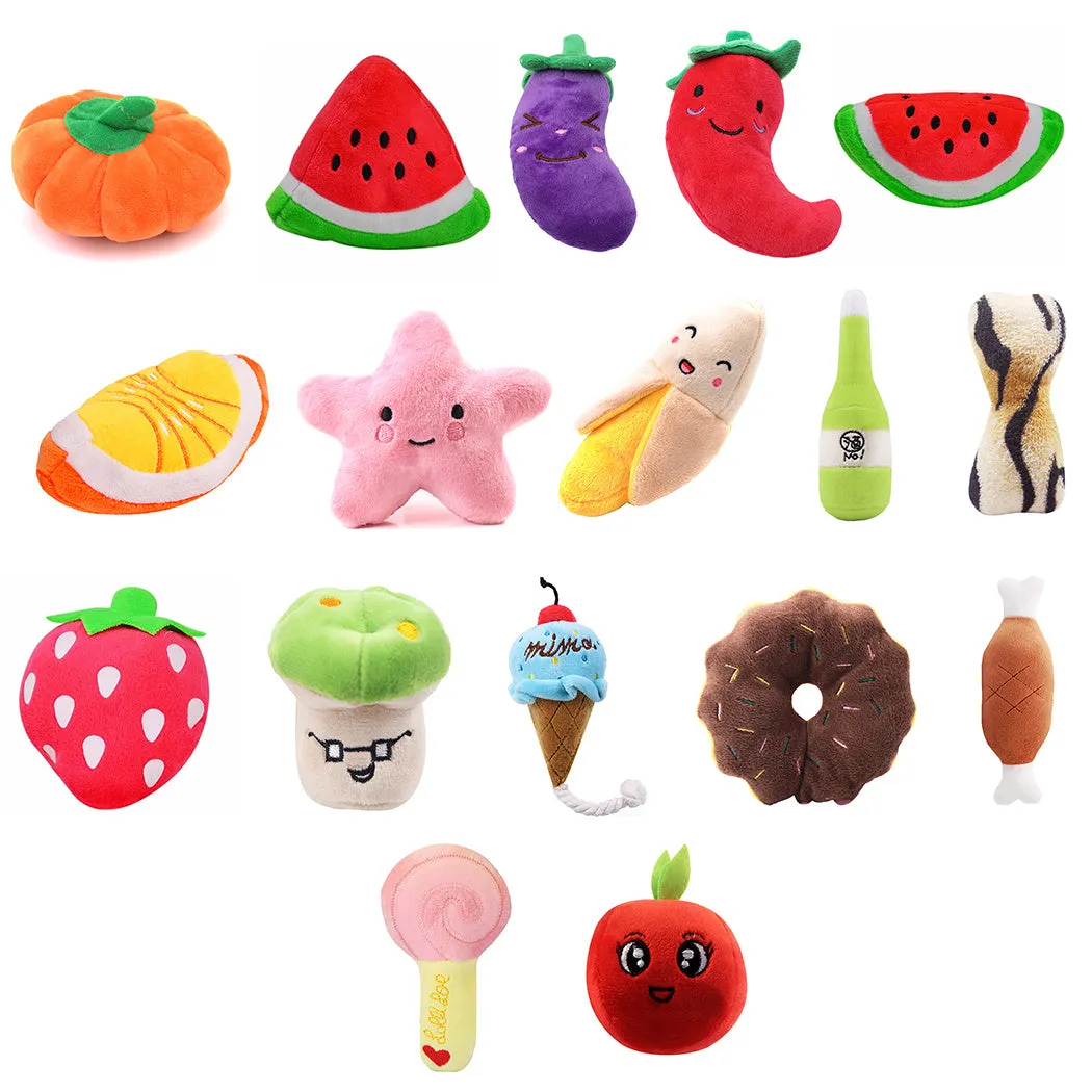 Gooddog plush fruit dog toys with squeaker, including banana and chicken leg shapes, on a white background