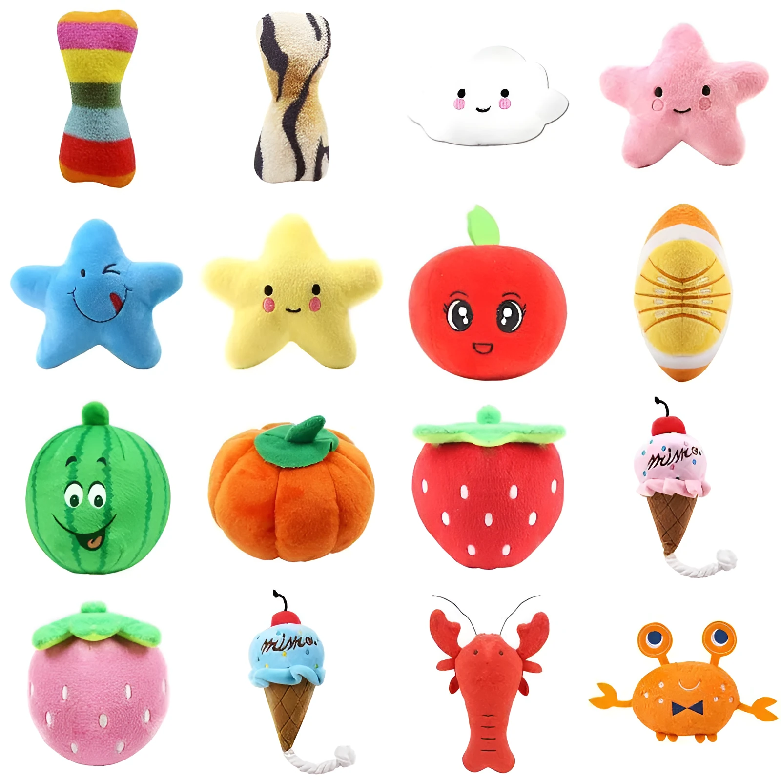 Gooddog plush fruit dog toys with squeaker, including banana and chicken leg shapes, on a white background