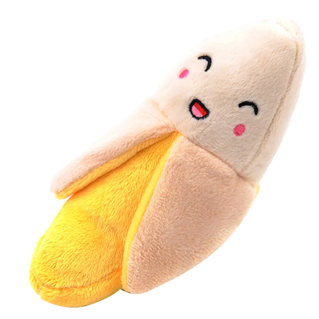 Gooddog plush fruit dog toys with squeaker, including banana and chicken leg shapes, on a white background