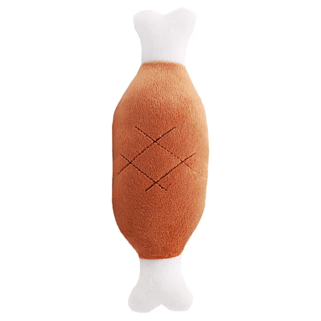 Gooddog plush fruit dog toys with squeaker, including banana and chicken leg shapes, on a white background