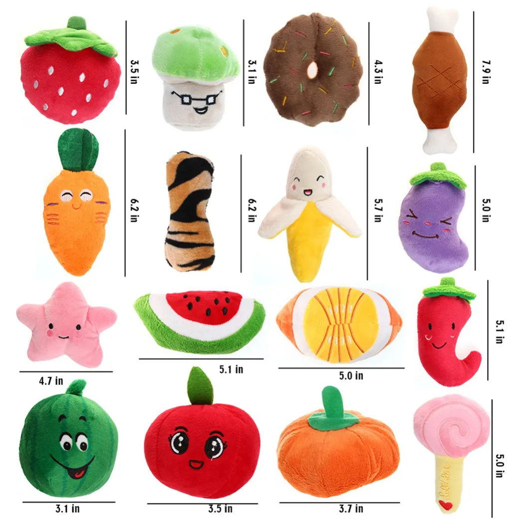 Gooddog plush fruit dog toys with squeaker, including banana and chicken leg shapes, on a white background