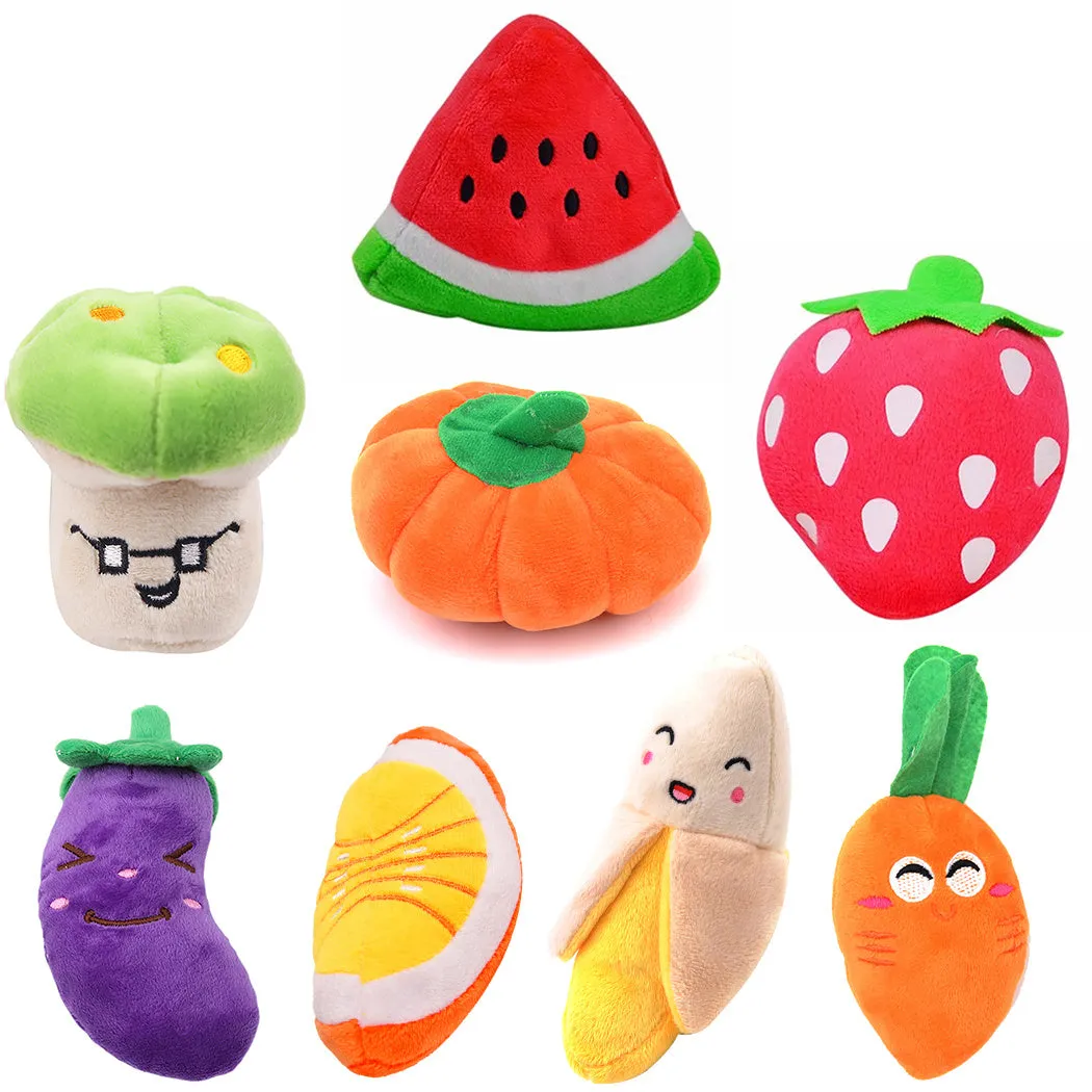 Gooddog plush fruit dog toys with squeaker, including banana and chicken leg shapes, on a white background