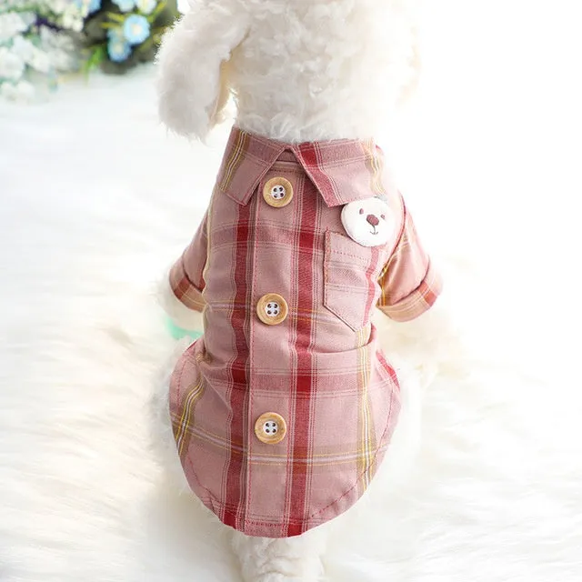 Pet shirt in soft cotton with two feet design, available in blue, red, and rice brown for dogs and cats