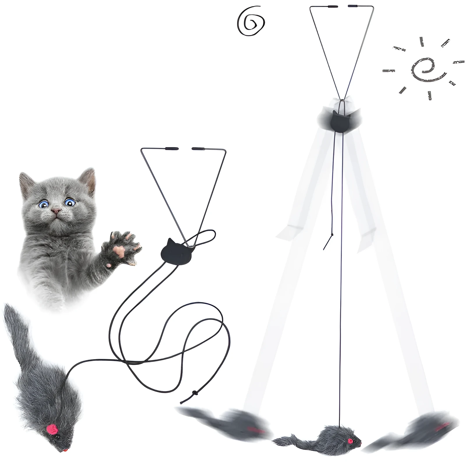 Pet telescopic hanging door cat toy with grey mouse shape on elastic rope approximately 1.8 metres long, with triangle hook and adjustable buckle
