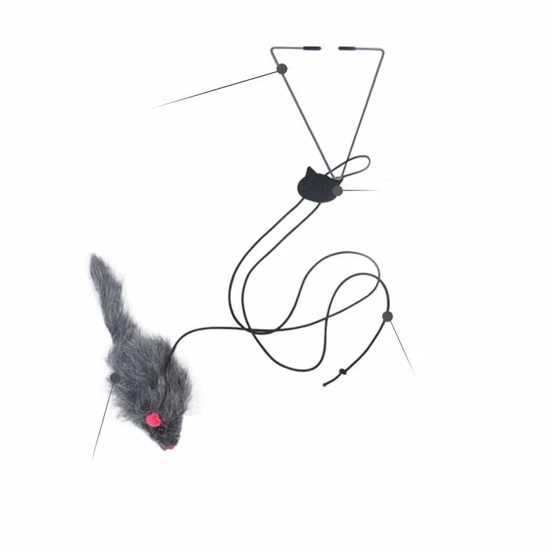 Pet telescopic hanging door cat toy with grey mouse shape on elastic rope approximately 1.8 metres long, with triangle hook and adjustable buckle