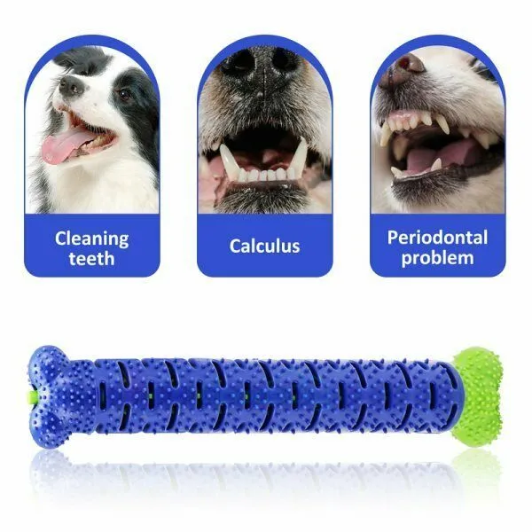 Blue silicone dog chew toy toothbrush with treat dispenser on white background