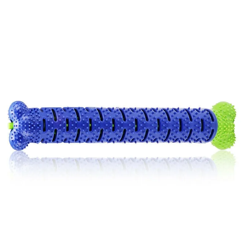 Blue silicone dog chew toy toothbrush with treat dispenser on white background
