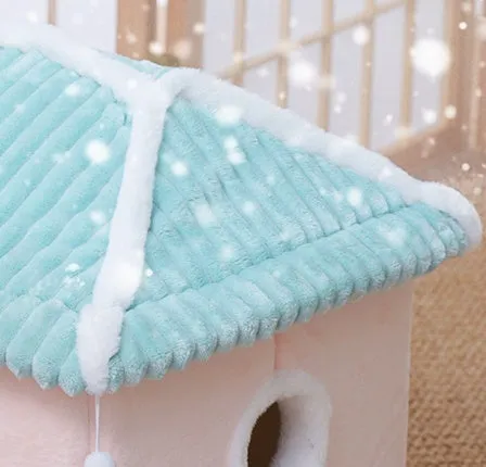 Enclosed cat house villa S size 38x33x41cm with removable washable bed, Tibetan blue curtain option