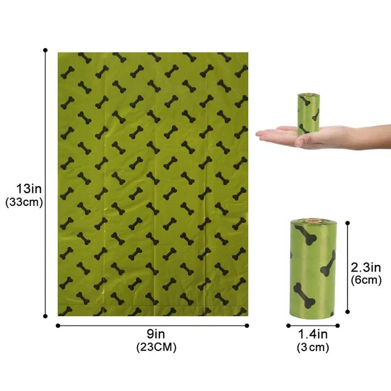 Military green degradable dog poop bags with black bone print measuring 23x33cm