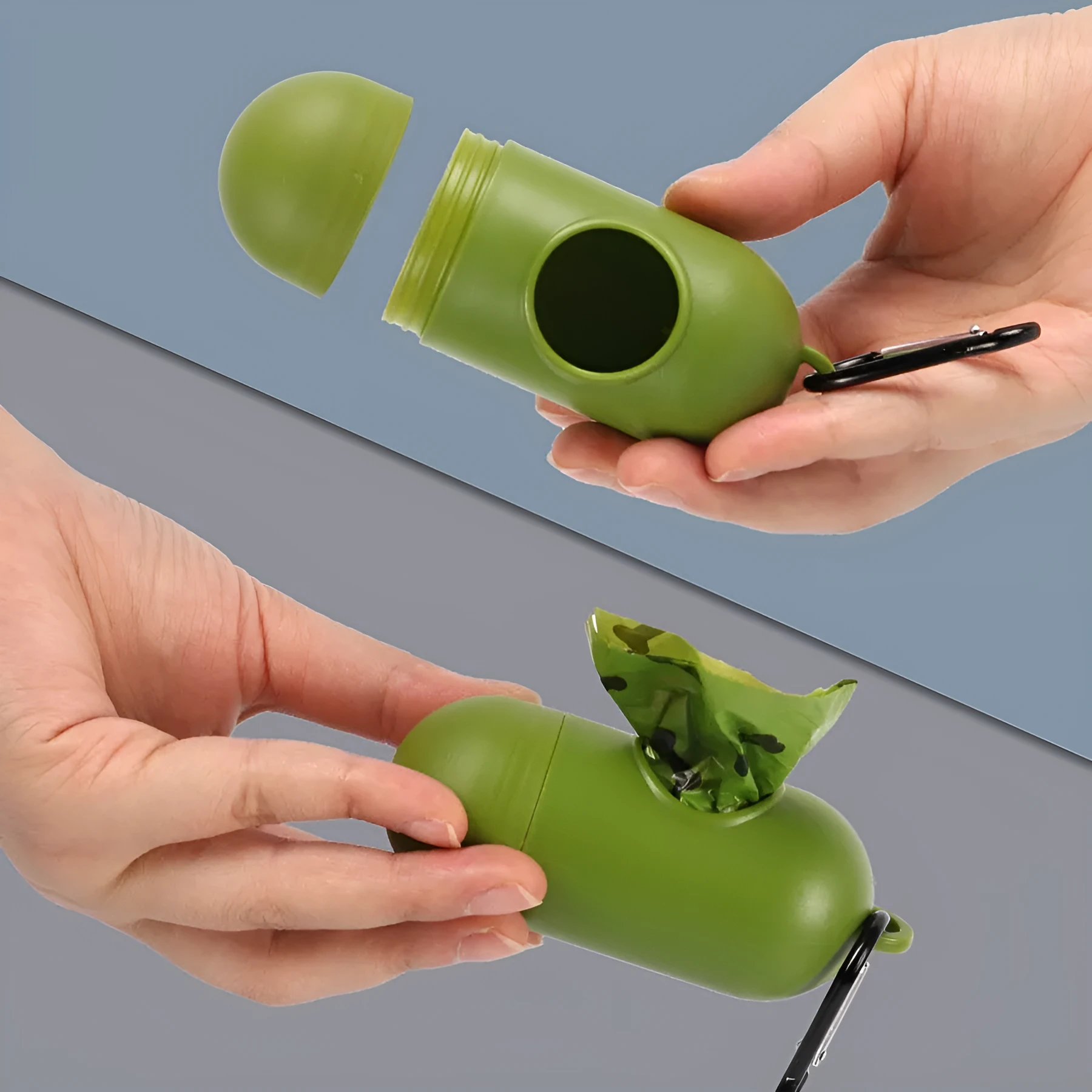 Military green degradable dog poop bags with black bone print measuring 23x33cm