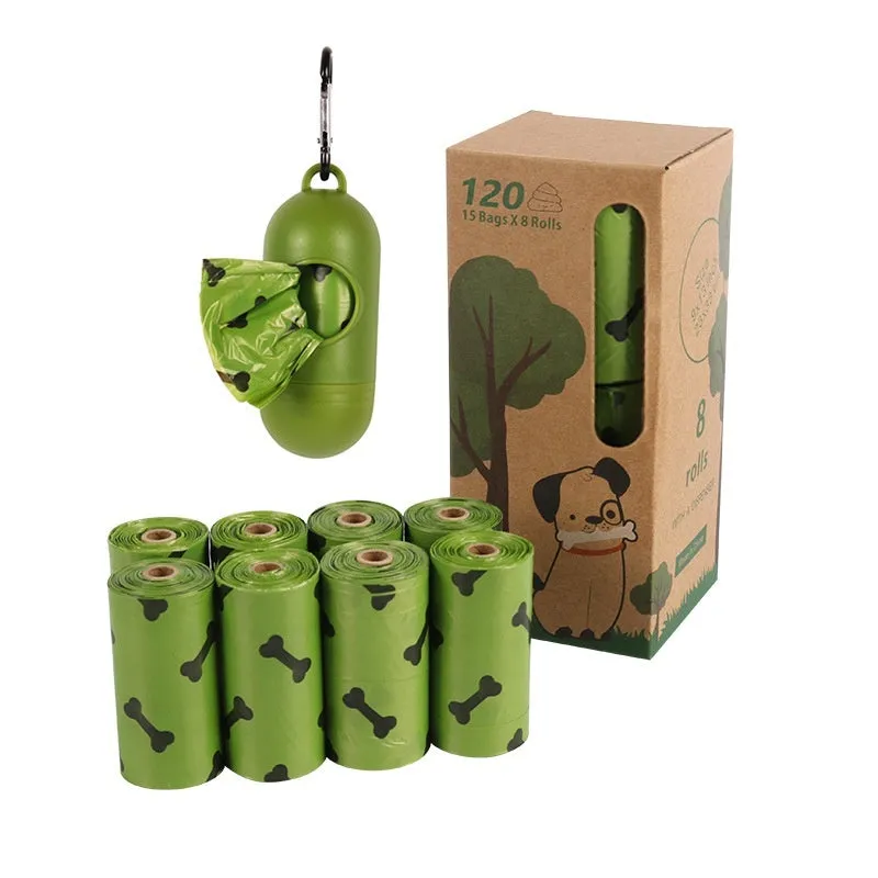 Military green degradable dog poop bags with black bone print measuring 23x33cm