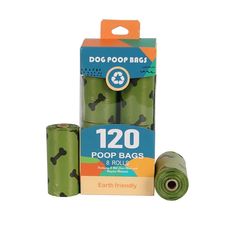 Military green degradable dog poop bags with black bone print measuring 23x33cm