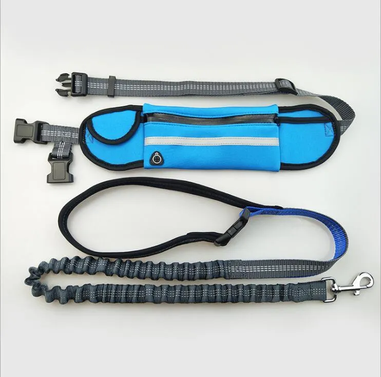 Hands-free dog running leash with black waist belt and reflective nylon bungee leash