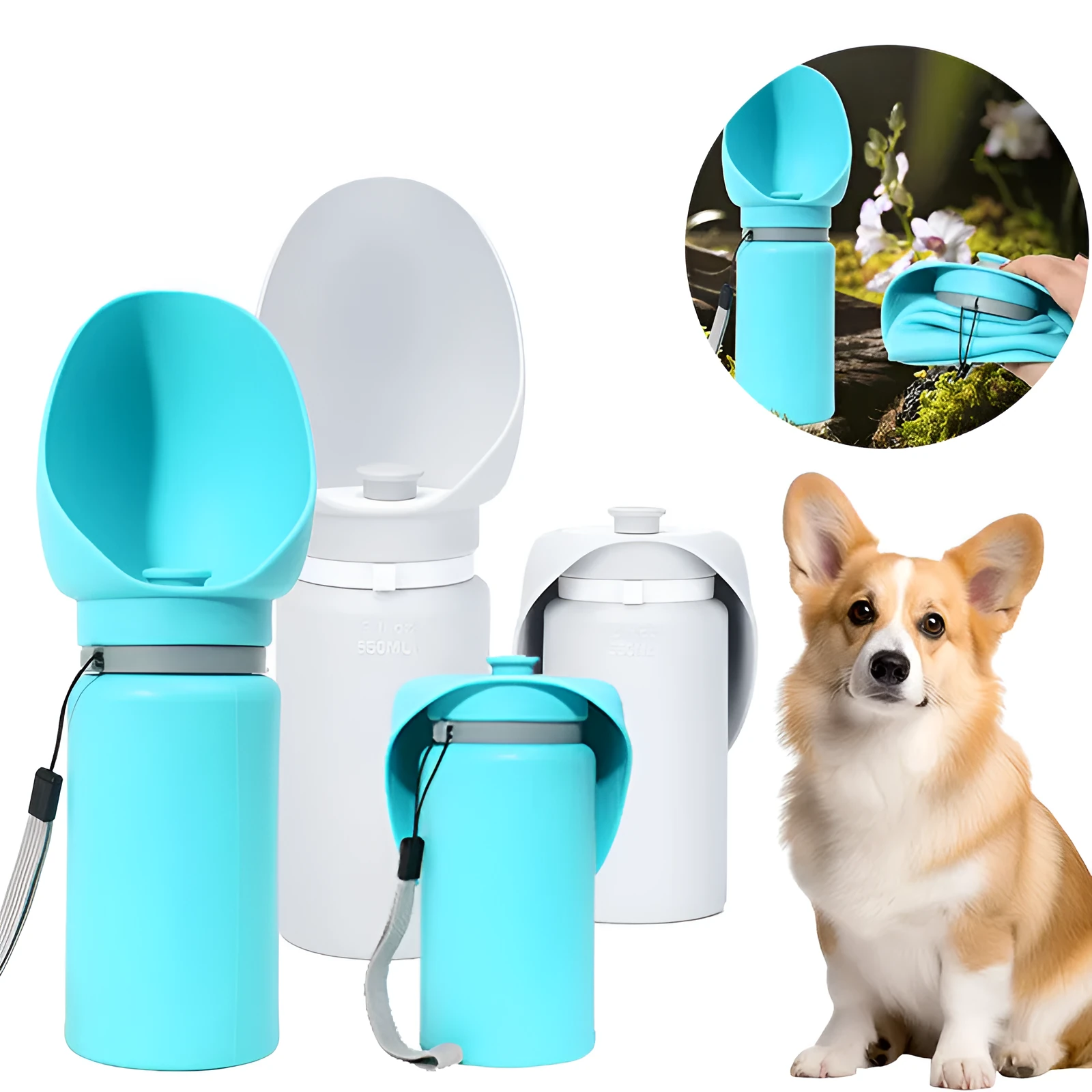Folding pet outdoor walking mug portable travel water bottle in blue silicone for dogs and cats 550ml