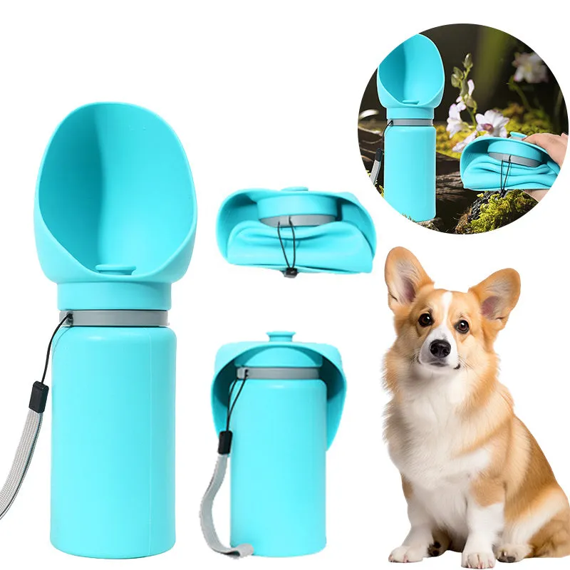 Folding pet outdoor walking mug portable travel water bottle in blue silicone for dogs and cats 550ml