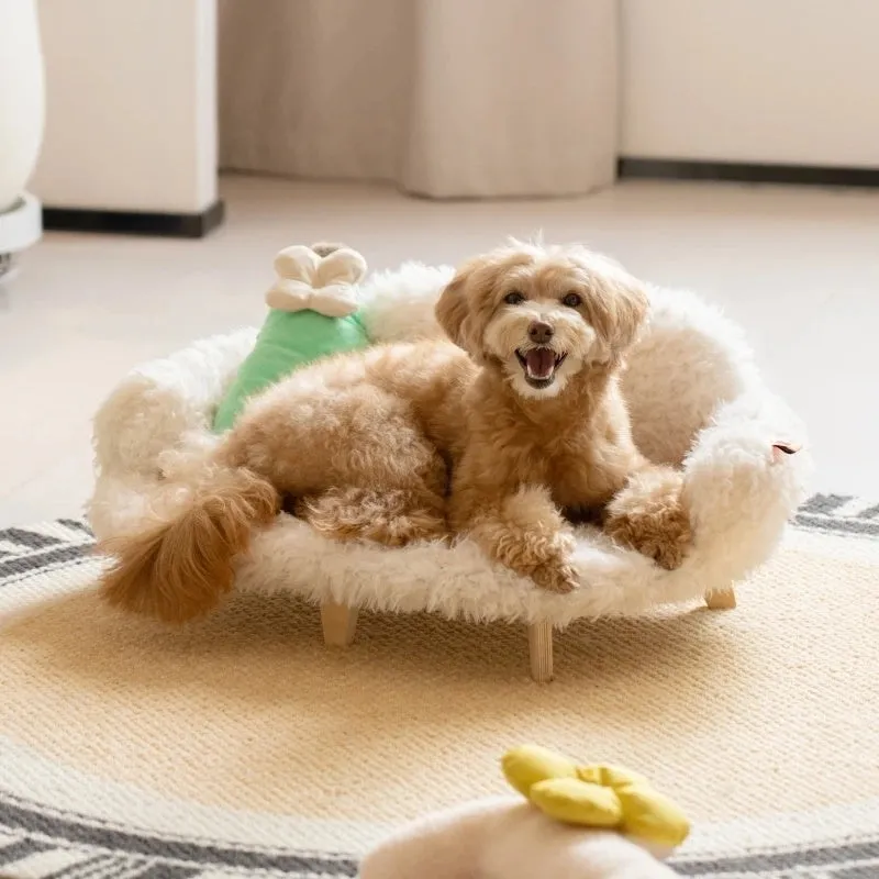 Wooden pet bed kennel for dogs and cats with multi-layer plywood frame and brown velvet in a home setting
