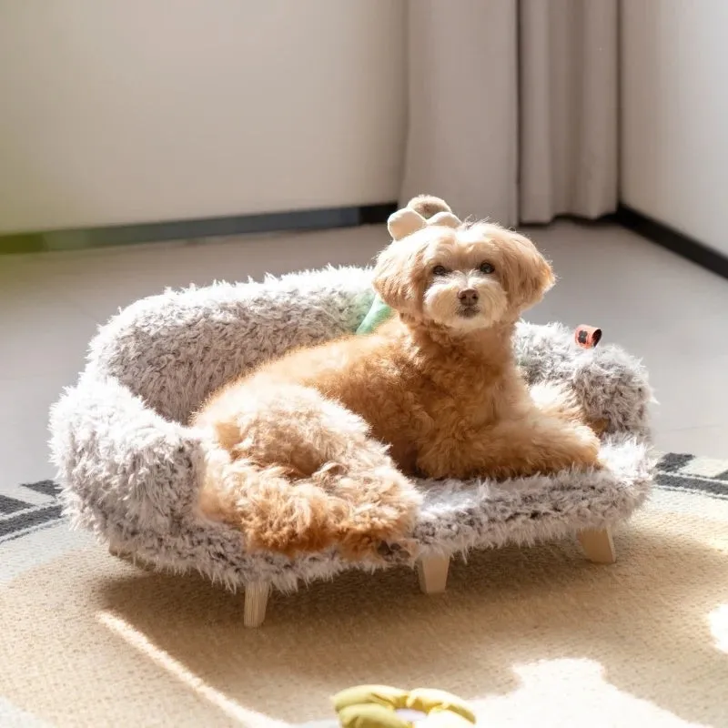 Wooden pet bed kennel for dogs and cats with multi-layer plywood frame and brown velvet in a home setting