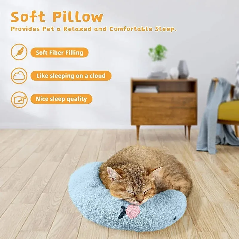 Soft quilted U-shaped cat pillow in blue, 26x18cm, on a clean white background