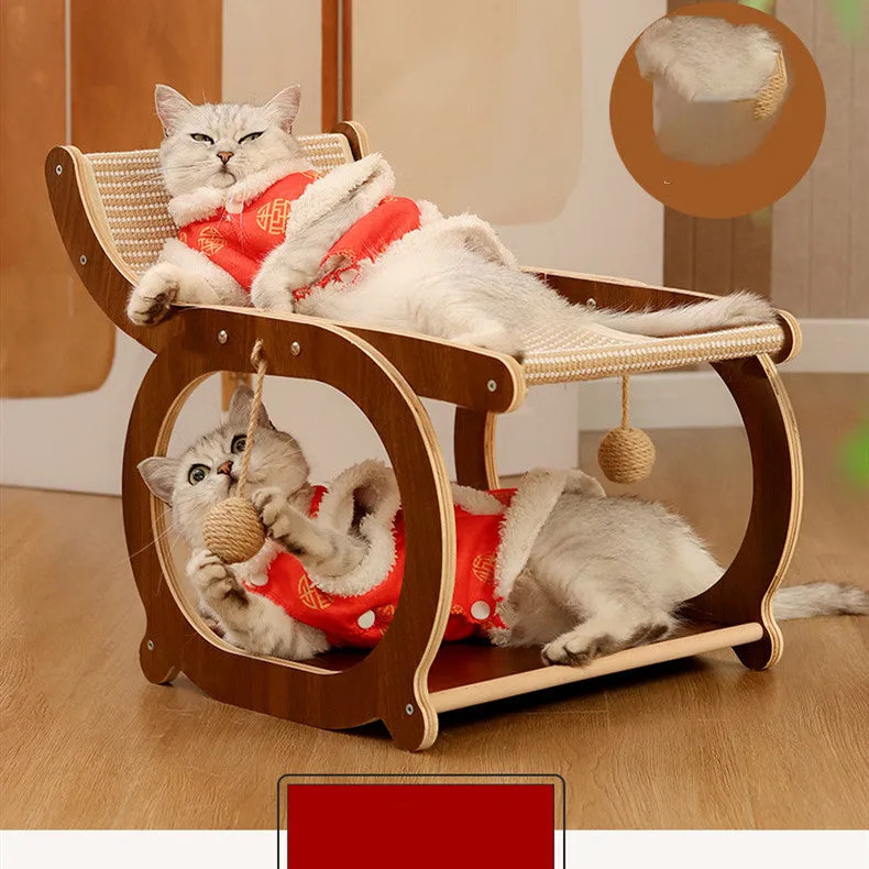 Solid wood cat scratching mat with sisal surface, serving as a raised bed in walnut colour finish.