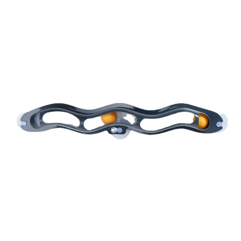 Grey plastic cat climbing frame with track ball toy on a windowsill, approximately 57cm long and 10cm wide