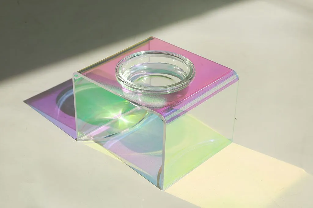 Pet Rainbow Bowl acrylic pet feeder with holographic finish and glass bowl for cats and small dogs