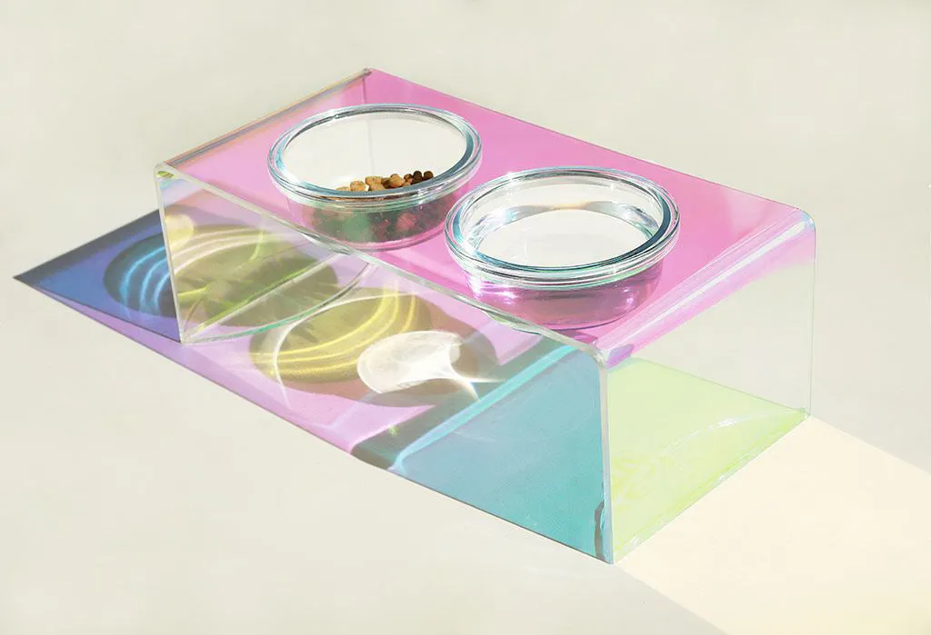 Pet Rainbow Bowl acrylic pet feeder with holographic finish and glass bowl for cats and small dogs