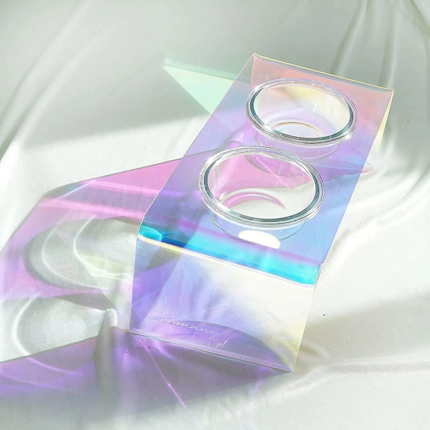 Pet Rainbow Bowl acrylic pet feeder with holographic finish and glass bowl for cats and small dogs