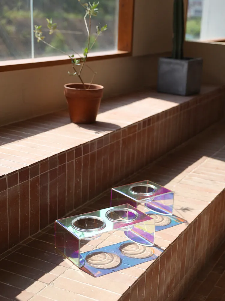 Pet Rainbow Bowl acrylic pet feeder with holographic finish and glass bowl for cats and small dogs