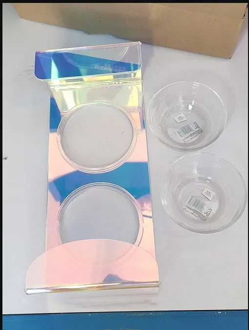 Pet Rainbow Bowl acrylic pet feeder with holographic finish and glass bowl for cats and small dogs