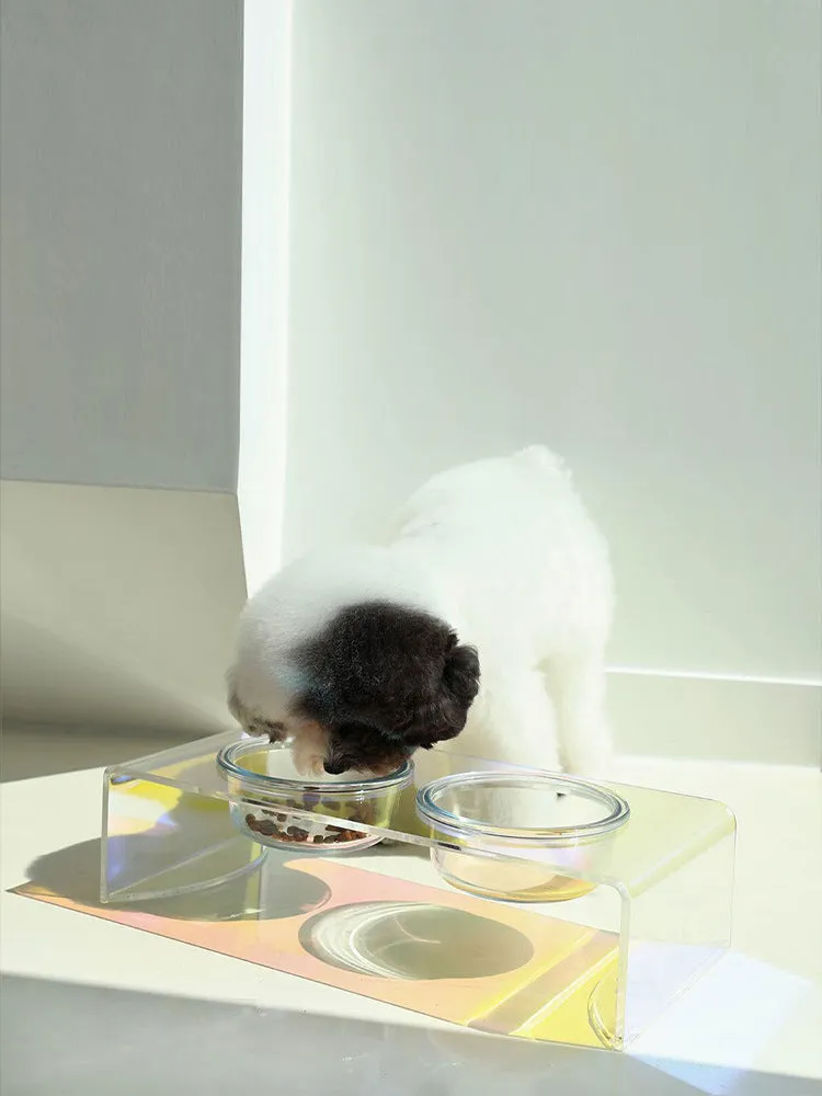 Pet Rainbow Bowl acrylic pet feeder with holographic finish and glass bowl for cats and small dogs