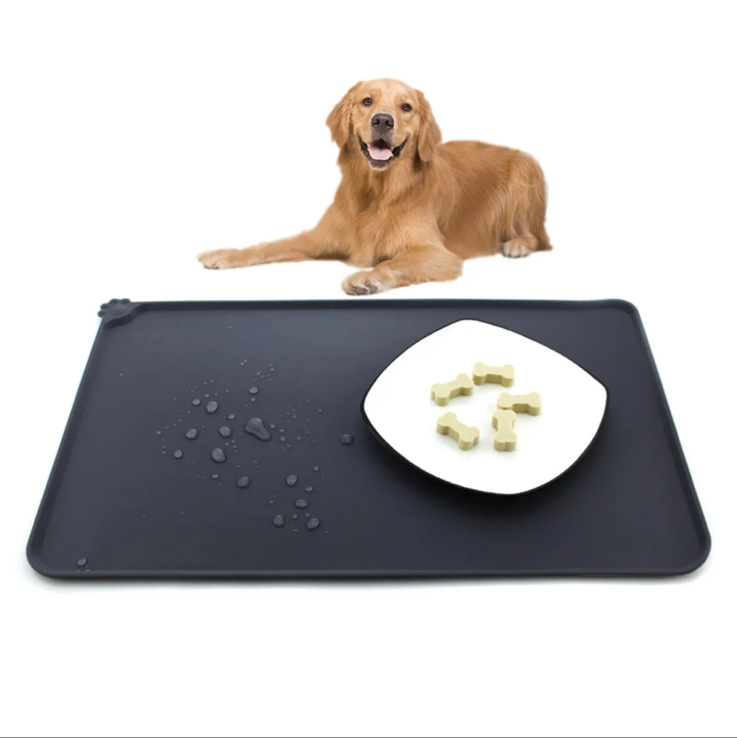 Grey waterproof silicone pet mat with raised edges and a non-slip base, measuring 47x29.5cm, placed under two pet bowls