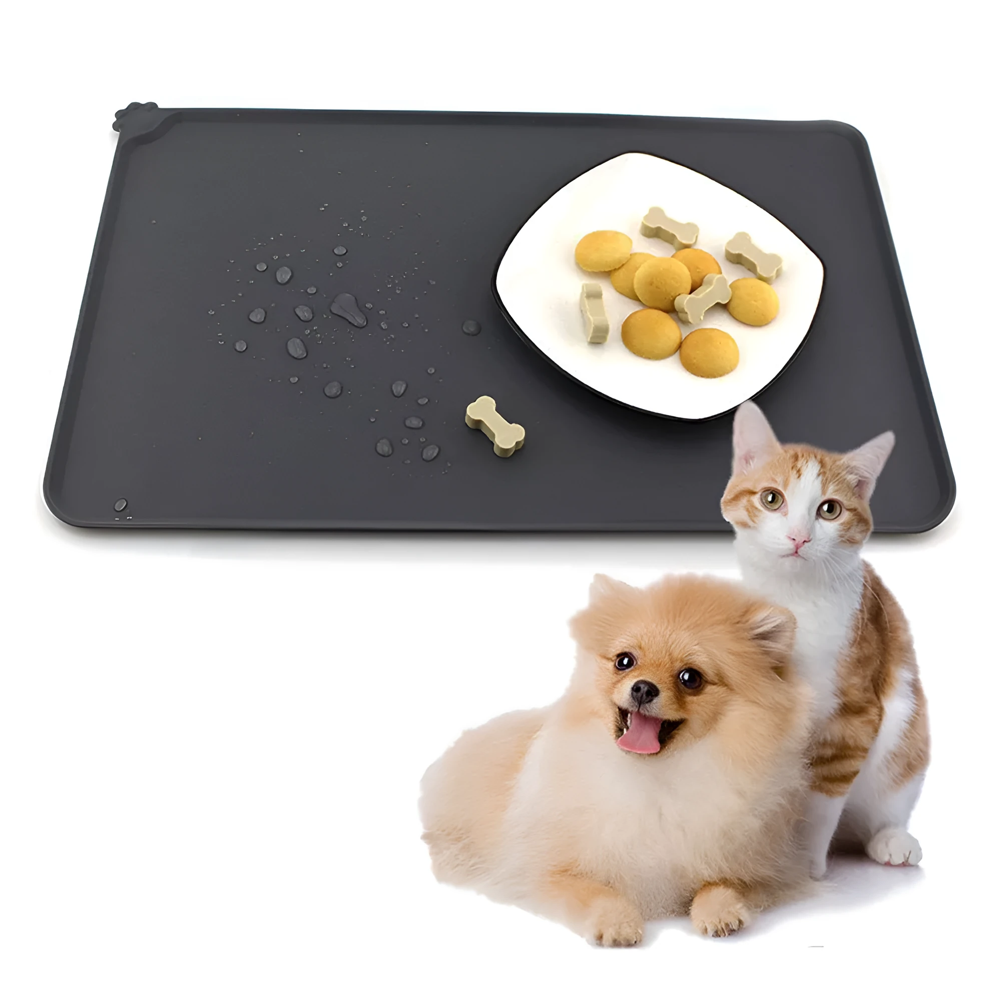 Grey waterproof silicone pet mat with raised edges and a non-slip base, measuring 47x29.5cm, placed under two pet bowls