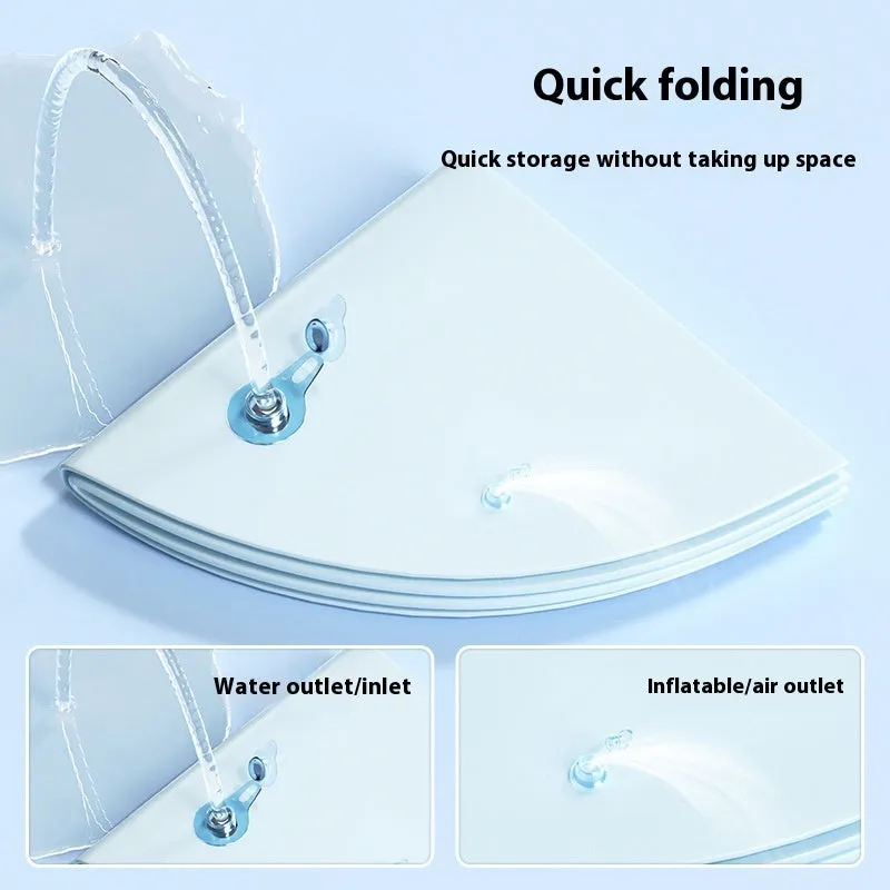 Blue inflatable pet water bed with dolphin design, showing water filling port.
