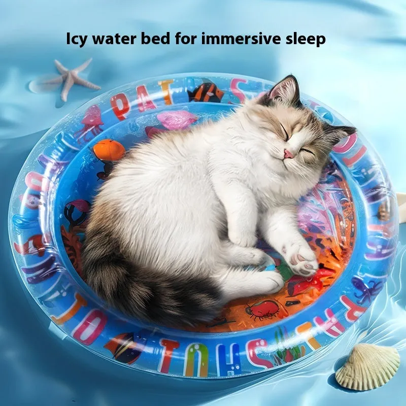 Blue inflatable pet water bed with dolphin design, showing water filling port.